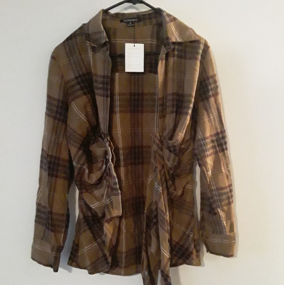 Hers&Mine Womens Plaid ButtonUp Shirt TieUp Waist - Picture 3 of 16